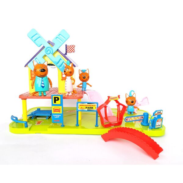 

Три Кота в парке развлечений - большой набор фигурок персонажей 4 штуки Star Toys, герои с аксессуарами 45 см, светящийся проектор, мельница, парковка, автозаправка.