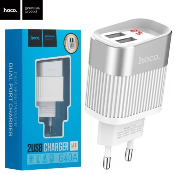 

Сетевое зарядное устройство Hoco C40A С цифровым дисплеем на 2 USB порта (2,4А) White
