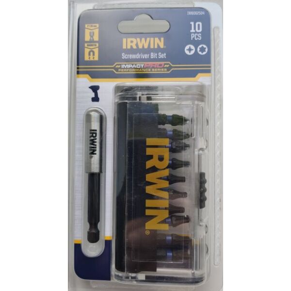 

Биты IMPACT PRO 1/4"/25мм, комплект 10шт: PZ2x4 / PH2x4 / T20 + держатель, IRWIN