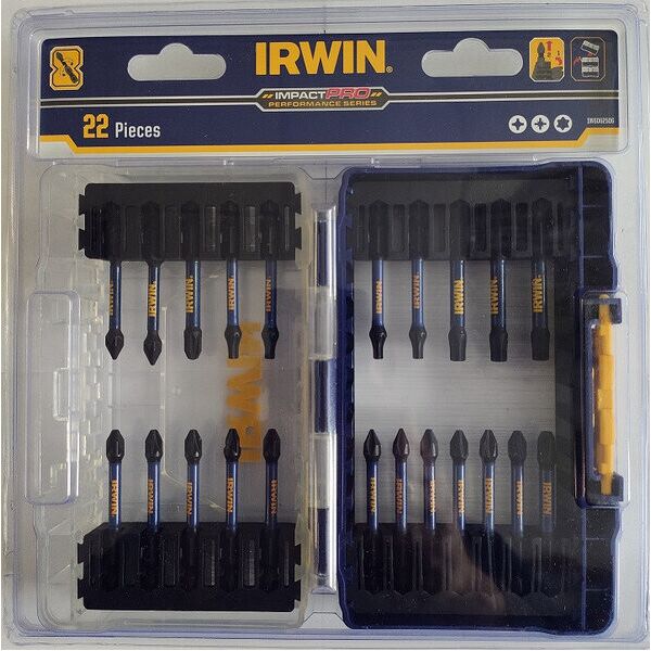 

Набор бит IMPACT PRO 22шт, 1/4" 57мм PH1x2/PH2x4/PH3x1/Pz1x2/Pz2x5/Pz3x1/T20x4/T30x3, IRWIN