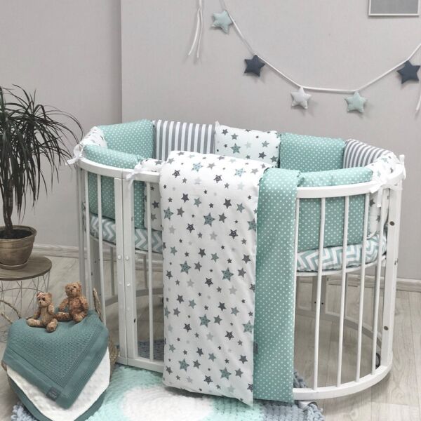 

Комплект постельного в овальную детскую кроватку Baby Design Stars серо-мятный