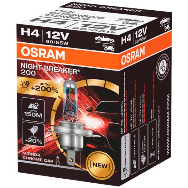 

Галогеновая лампа Osram H4 Night Breaker 200 64193NB200 +200% 55w P43T