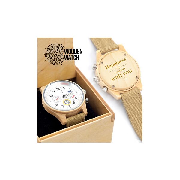 

Деревянные наручные часы ручной работы WoodenWatch Comandor с индивидуальной гравировкой "Happiness is a moments with you" Бежевые