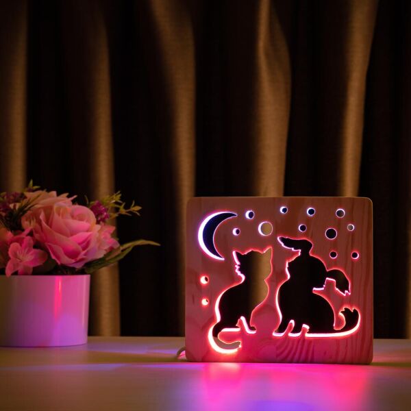 

Светильник ночник ArtEco Light из дерева LED эко ночник Кот и собачка с пультом и регулировкой цвета, двойной RGB (20356)