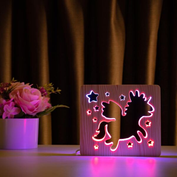 

Светильник ночник ArtEco Light из дерева LED эко ночник Волшебный единорог + с пультом и регулировкой цвета, двойной RGB (20388)