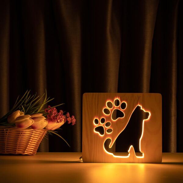 

Светильник ночник ArtEco Light из дерева LED эко ночник Собака и следы + с пультом и регулировкой света, цвет теплый белый (20378)