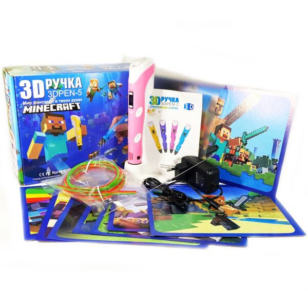 

3D ручка с LCD Дисплеем Майнкрафт 3D PEN-5 GEN Minecraft для рисования Эко Пластиком, Розовая + Трафареты