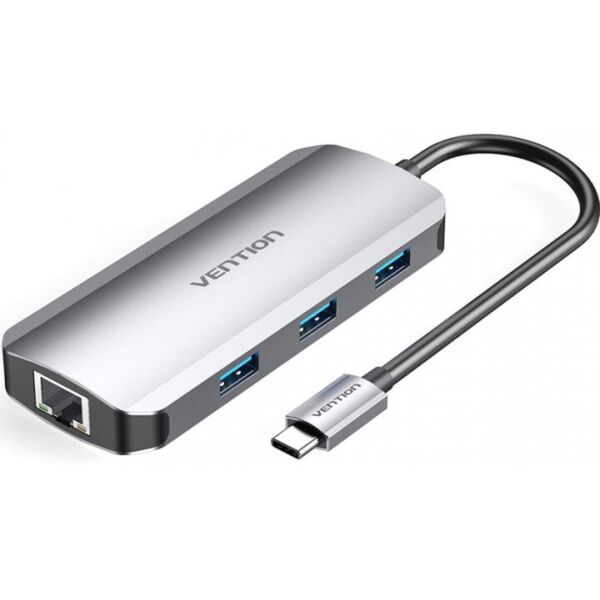 

USB HUB 6 в 1 Vention Type-C-HDMI-RJ45-USB 3USB 3.0 1Type-C 3.1 PD 100W 4K 30Hz 5Gbps 0.15m Grey (TOHHB)