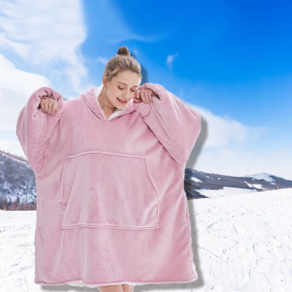 

Двухсторонняя толстовка плед халат с капюшоном Huggle Hoodie оверсайз худи с искусственного меха Розовая