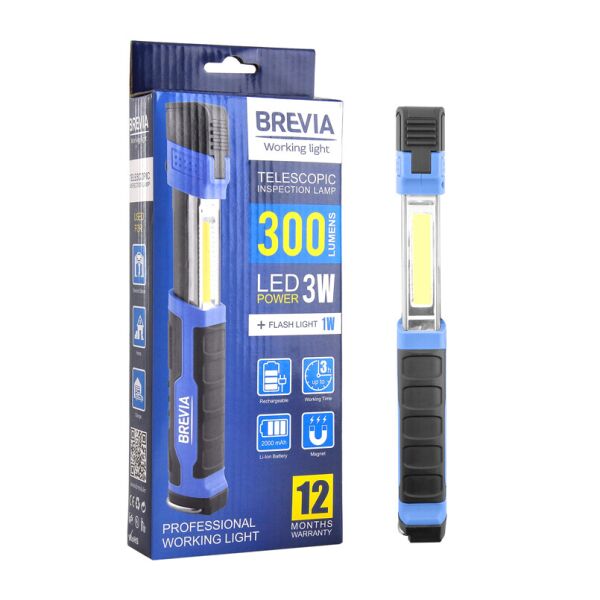 

Телескопическая инспекционная лампа Brevia LED 3W COB+1W LED 300lm 2000mAh, microUSB
