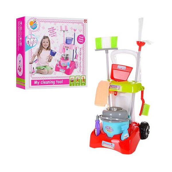 

Игровой набор для уборки 17005-06, тележка, ведро, щетки, совок, швабра (Розовый)