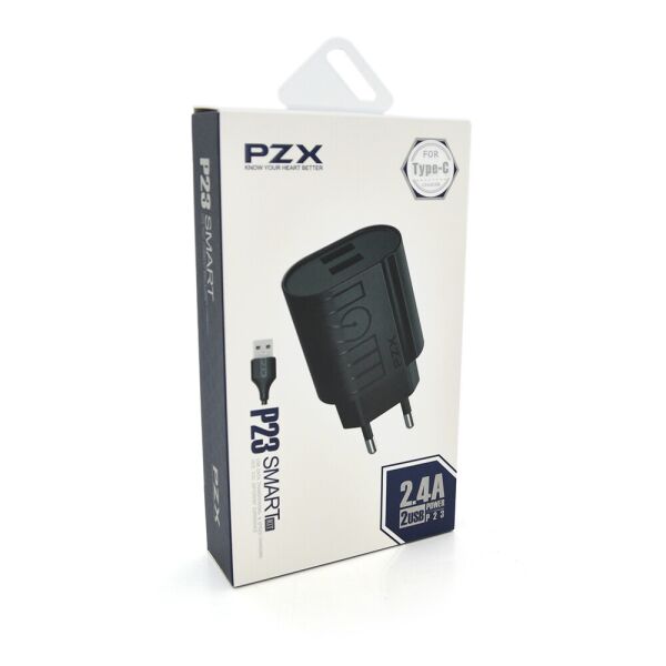 

Набір 2 в 1 СЗУ With Type-C Cable 110-240V PZX P23, 2xUSB, 2,4A, Black, Blister-box