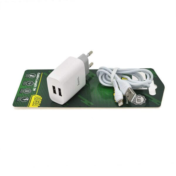

Набір 2 в 1 СЗУ With Lightning Cable 110-240V Hoco C73, 1xUSB, 2.4A, White, Blister-box