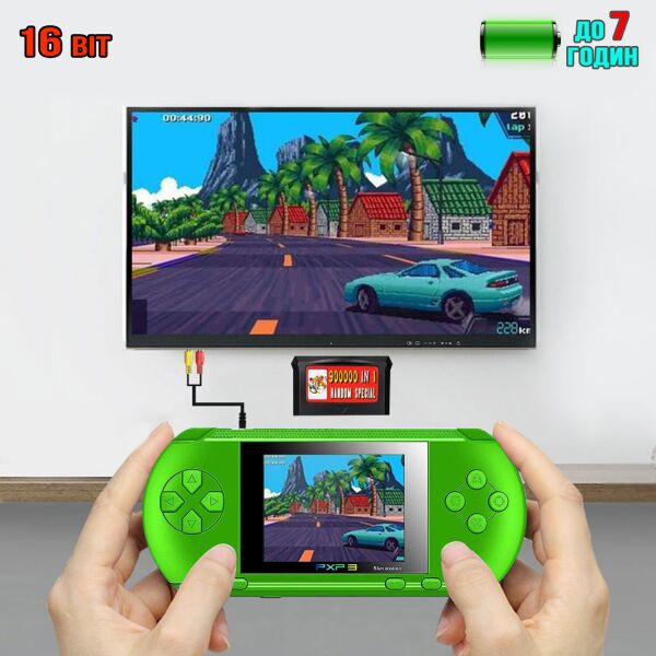 

Портативная игровая ретро приставка с LCD экраном 2.7" Kiddy PXP3 270OMD встроенные игры 16bit, поддержка картриджей и подключение к ТВ Зеленая