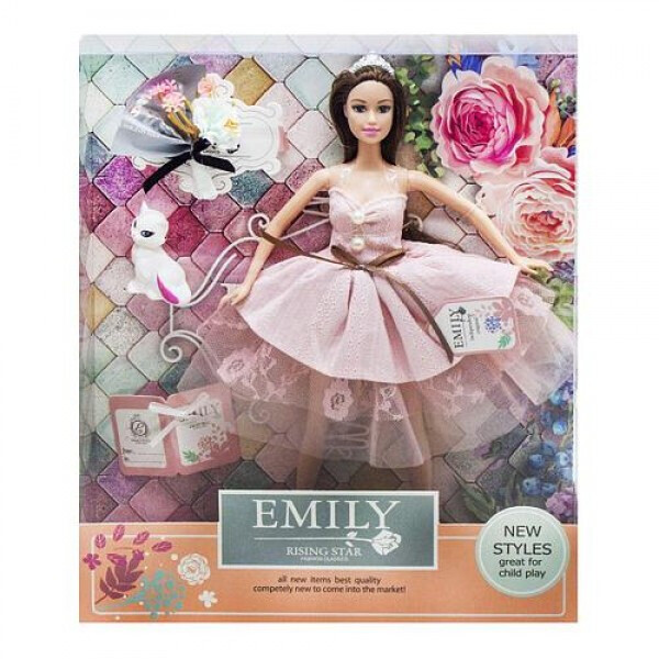 

Кукла Эмили Emily QJ 077А, высота 28 см, шатенка в розовом платье, с короной, с котиком и букетом