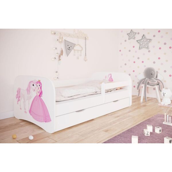 

Кроватка детская Kocot Kids Baby Dreams Принцесса с лошадкой Белый/Розовый с принтом односпальная с перилами и ящиком на колесах + ламели FLEX