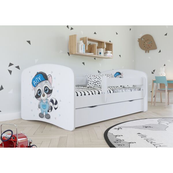 

Кроватка детская Kocot Kids Baby Dreams Енот Белый/Голубой с принтом односпальная с перилами и ящиком на колесах + ламели FLEX