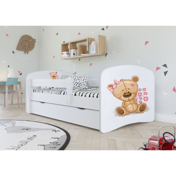 

Кроватка детская Kocot Kids Baby Dreams Мишка с цветами Белый/Бежевый с принтом односпальная с перилами и ящиком на колесах + ламели FLEX
