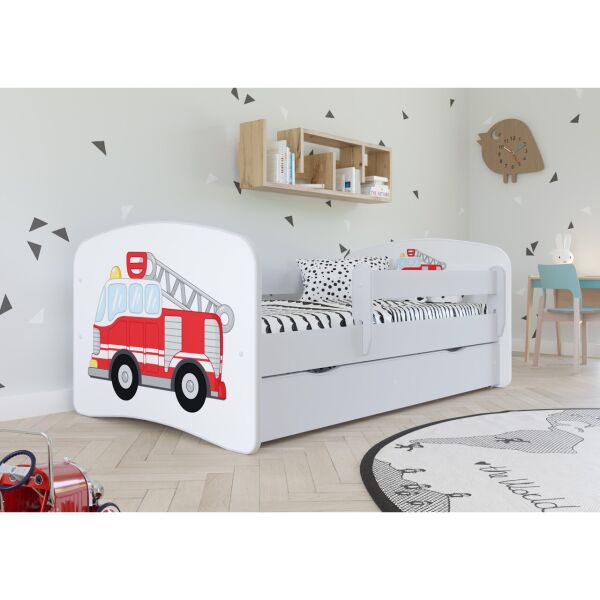 

Кроватка детская Kocot Kids Baby Dreams Пожарная машина Белый/Красный с принтом односпальная с перилами и ящиком на колесах + ламели FLEX