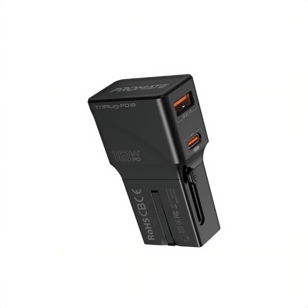 

Сетевое зарядное устройство Promate TriPlug-PD18 USB-C PD + USB-A QC и EU/US/UK/AUS штекер Black (triplug-pd18.black)