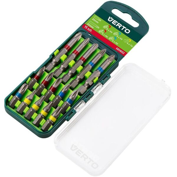 

Набор насадок VERTO, 15 шт., 25 mm - 3 x PH, 3 x PZ, 4 x TX + 50 mm - 3 x PH, 2 x PZ