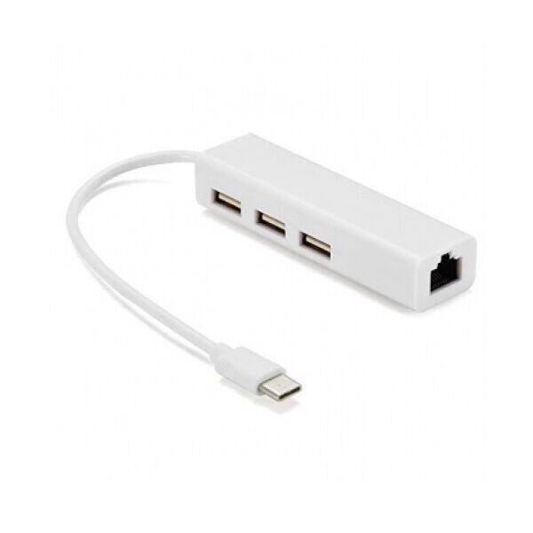 

Хаб-конвертор Type-C to Ethernet Сетевой адаптер 10 - 100Mbps с проводом + 3 порта USB2.0, White, Blister-Box