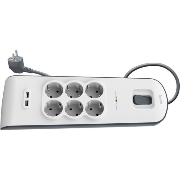 

Сетевой фильтр Belkin 6XSchuko, 2xUSB 2.4A, c защитой от перенапряжения, 650 Дж, 2м, белый