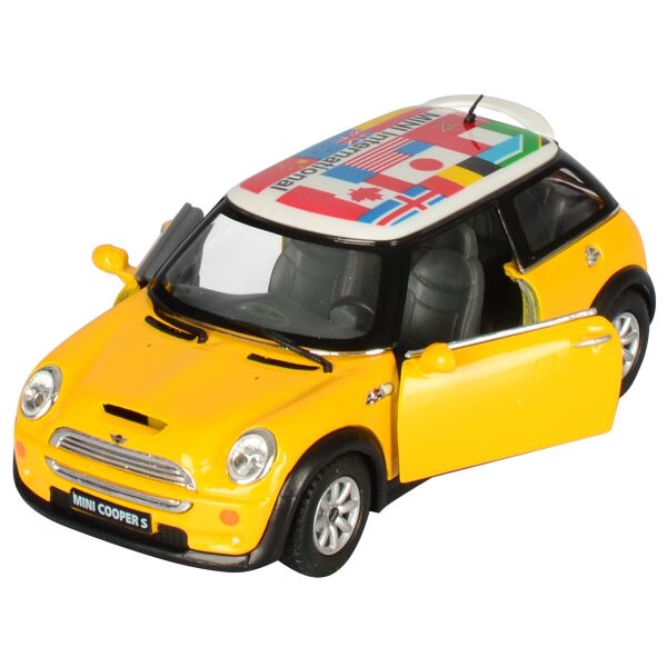 

Машинка Kinsmart Кинсмарт Mini Cooper S металлическая инерционная желтая 1:32 (KT5059WF-1)