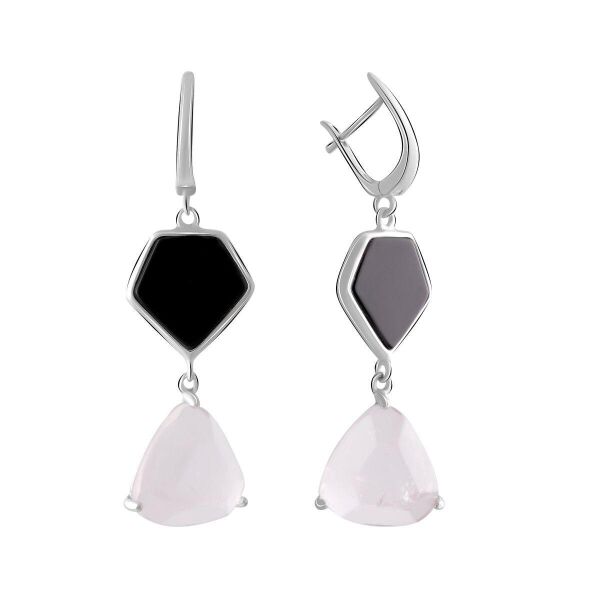 

Серебряные серьги GS с натуральным розовым кварцем 22.483ct, ониксом (2070290)