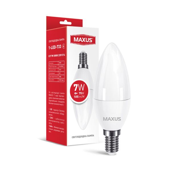 

Лампа светодиодная MAXUS 1-LED-733 C37 7W 3000K 220V E14