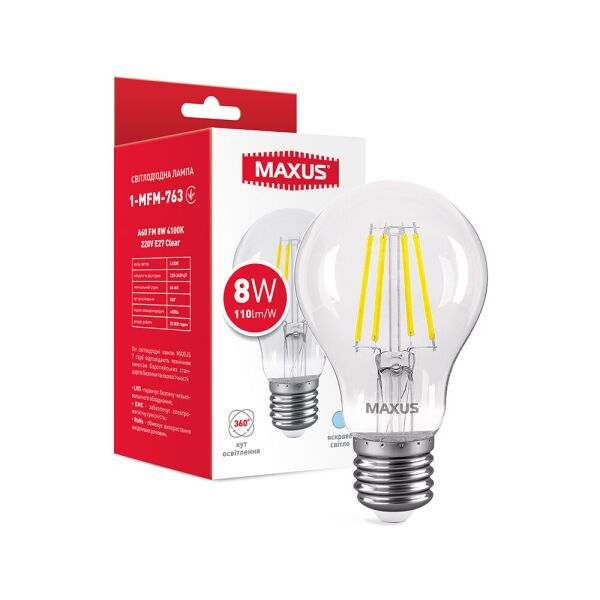 

Лампа светодиодная филаментная MAXUS A60 FM 8W 4100K 220V E27 Clear