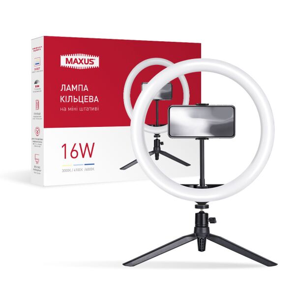

Лампа кольцевая на мини штативе Maxus Blogger Ring Light 16W 30D Mini Stand