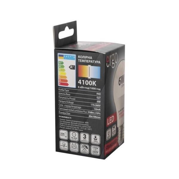 

Лампа ERGO Standard A60 E27 8W 220V Тепл.Бел. 3000K Мат. н/Дим.