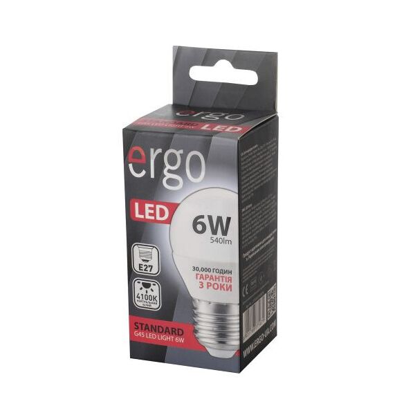 

Лампа ERGO Standard G45 E27 6W 220V Нейт.Бел. 4100K Мат. н/Дим.