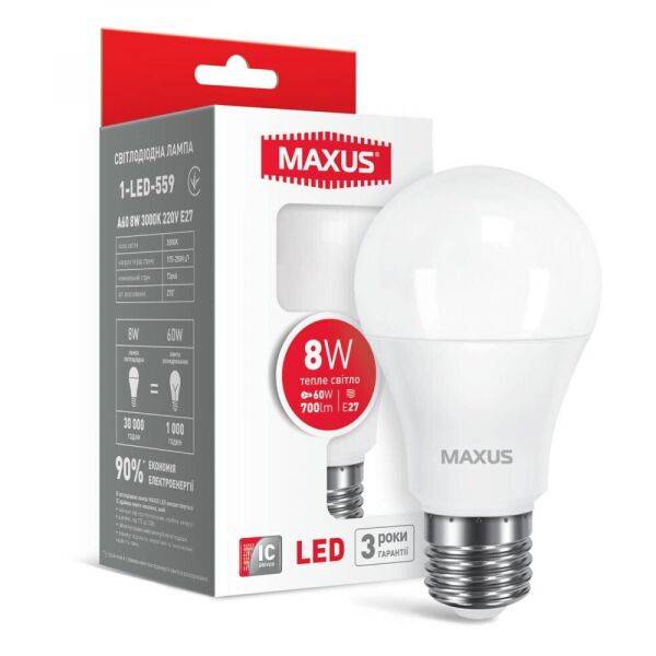 

Лампа Maxus LED A60 8W 3000K (мягкий свет), 220V, цоколь E27 (1-LED-559)