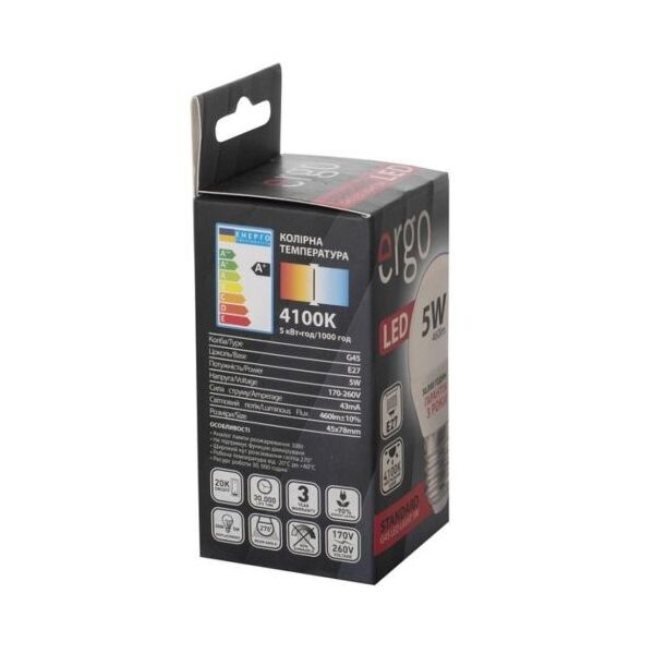 

Лампа ERGO Standard G45 E27 5W 220V Нейт.Бел. 4100K Мат. н/Дим.