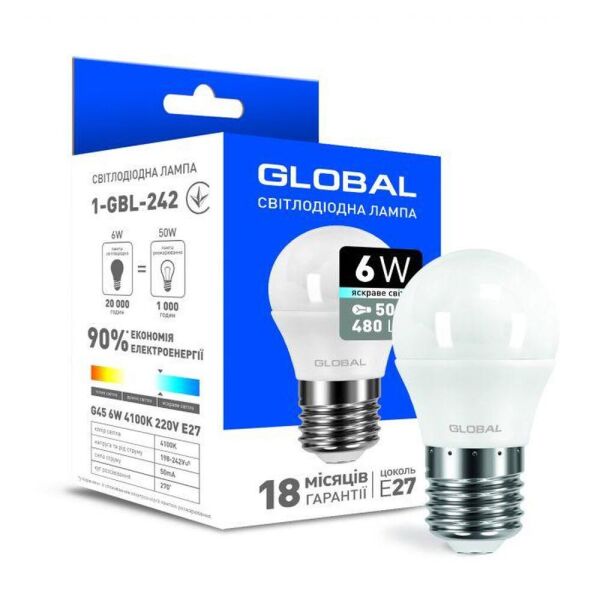 

Лампа Global LED G45 F 6W, 4100K (яркий свет), 220V, цоколь E27, (1-GBL-242)