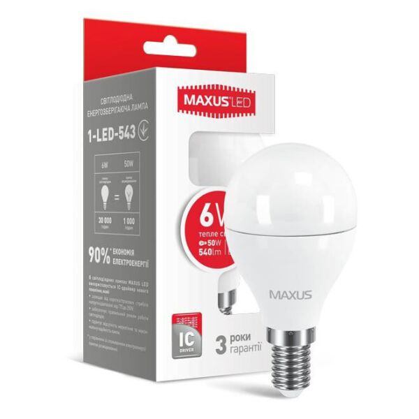 

Лампа Maxus LED G45 F 6W, 3000K (мягкий свет), 220V, цоколь E14, 1-LED-543