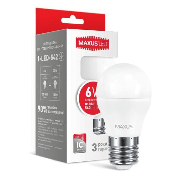 

Лампа Maxus LED G45 F 6W, 4100K (яркий свет), 220V, цоколь E27, 1-LED-542