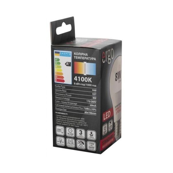 

Лампа ERGO Standard A60 E27 8W 220V Нейт.Бел. 4100K Мат. н/Дим.