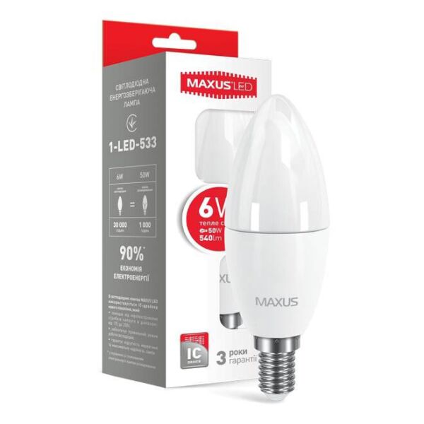 

Лампа Maxus LED C37 CL-F 6W (50Вт), 3000K (мягкий свет), 220V, цоколь E14, 1-LED-533 2 шт.