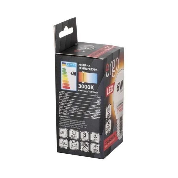 

Лампа ERGO Standard G45 E27 6W 220V Тепл.Бел. 3000K Мат. н/Дим.
