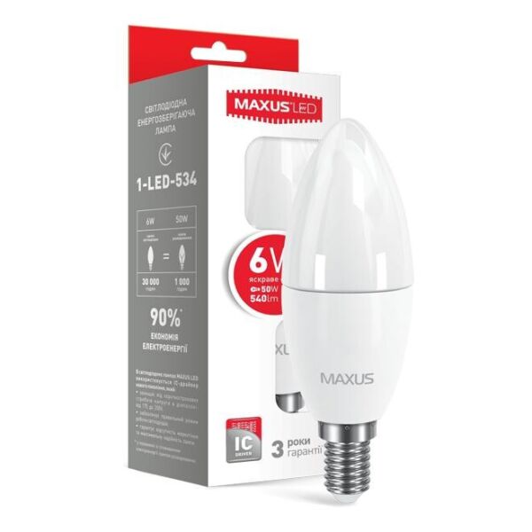

Лампа Maxus LED C37 CL-F 6W (50Вт), 4100K (яркий свет), 220V, цоколь E14, 1-LED-534-02