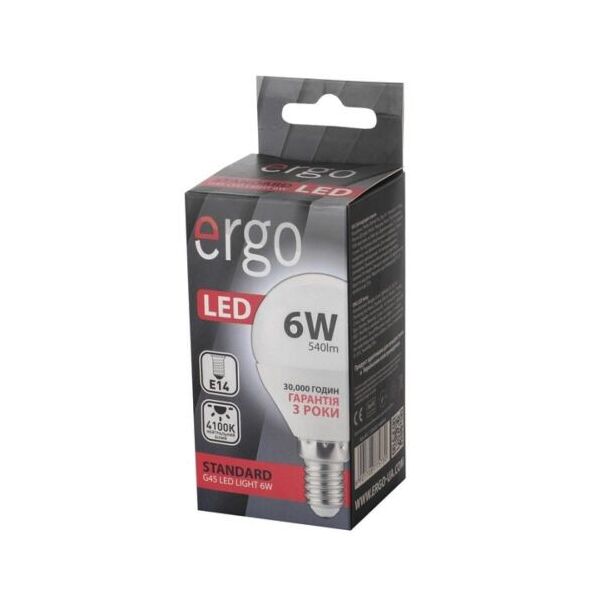 

Лампа ERGO Standard G45 E14 6W 220V Нейт.Бел. 4100K Мат. н/Дим.