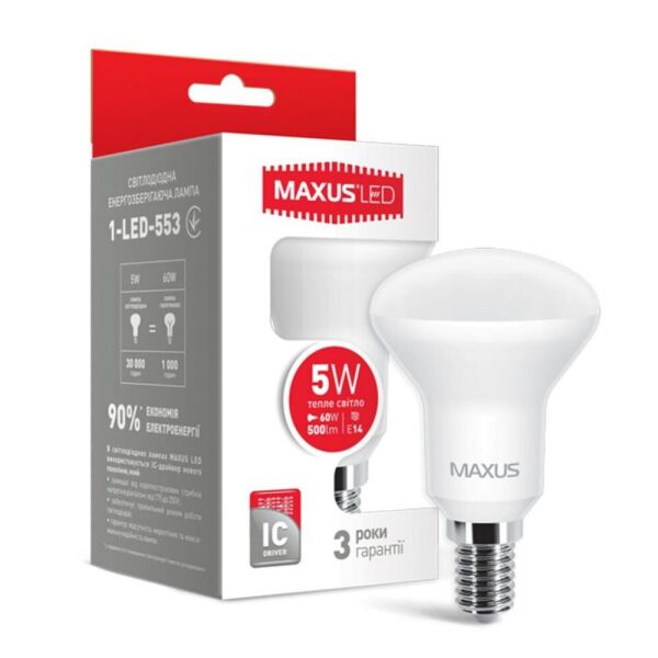 

Лампа Maxus LED R50 5W (60Вт), 3000K (мягкий свет), 220V, цоколь E14, 1-LED-553