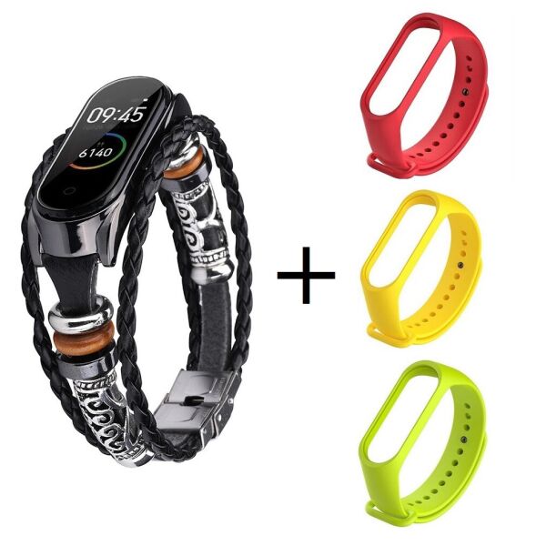 

Ремешок винтажный для фитнес-браслета Xiaomi Mi Band 3 и 4 Type A Black + 3 цветных силиконовых ремешка
