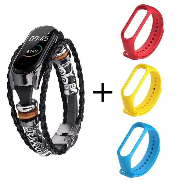 

Ремешок винтажный для фитнес-браслета Xiaomi Mi Band 3 и 4 Type A Black + 3 цветных силиконовых ремешка