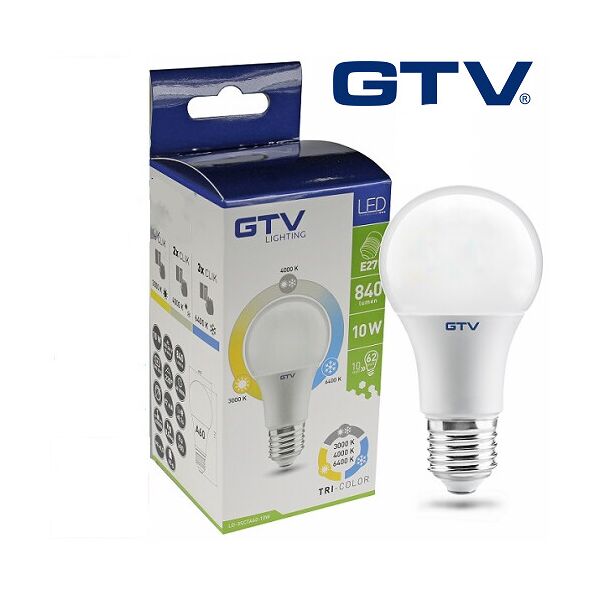 

Светодиодная LED лампа GTV, 10W, E27, 3в1, 3000К + 4000К + 6400К. Гарантия - 2 года