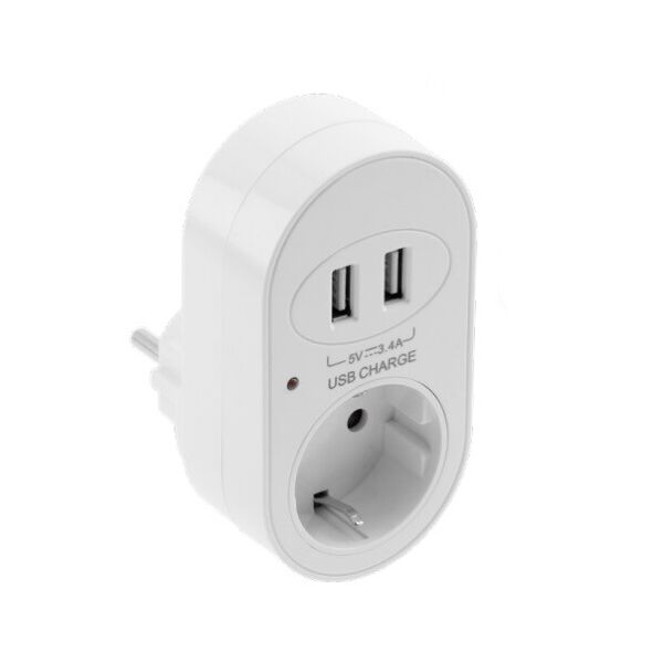 

Розетка/переходник GTV, 1 гнездо, 2 USB х 3.4A 5V, без провода, белый, SCHUKO