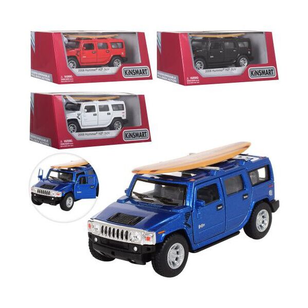

Машина метал. "Kinsmart" "Hummer H2", 11,5см, 1:40, серф. доска, отк. дв., рез.кол, 4 цвета, в кор. 16*7*7,5см (24шт)